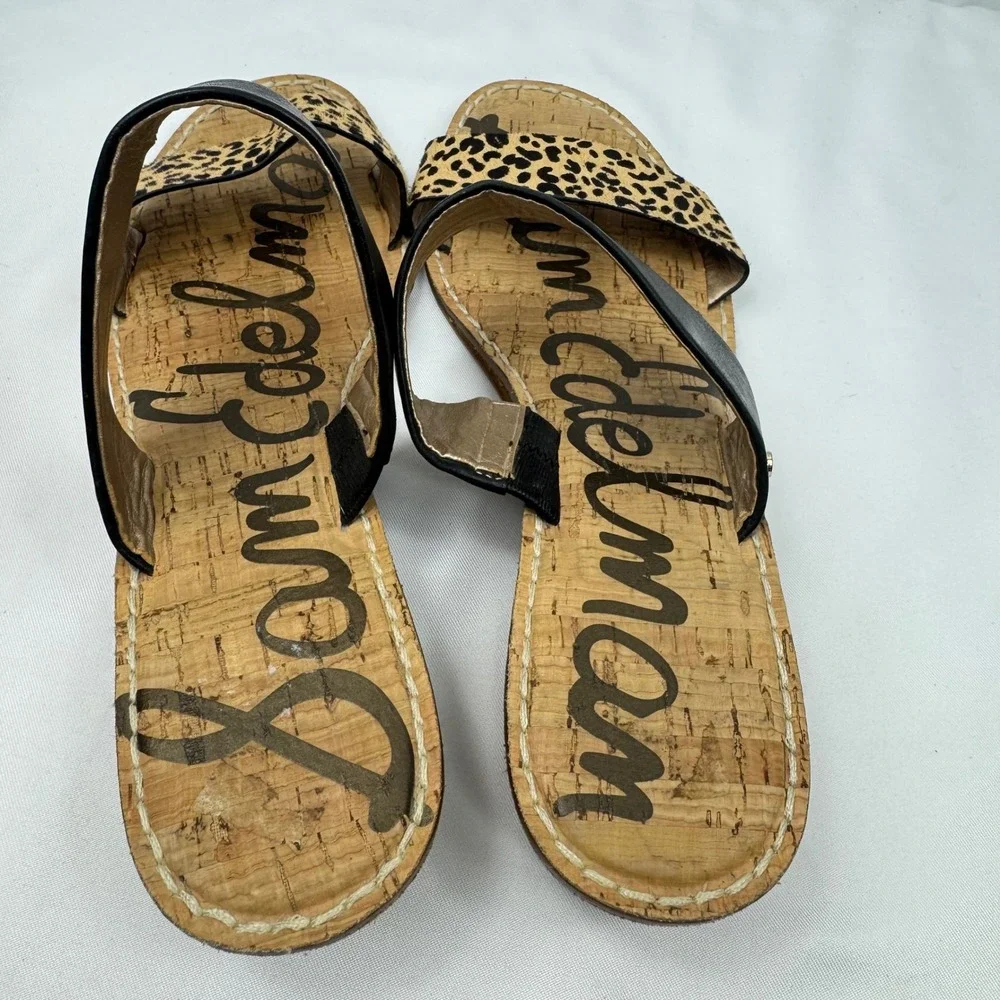 Sam Edelman Shellie Women Black Leather Leopard Calf Hair Wedge Sandals Size 10M